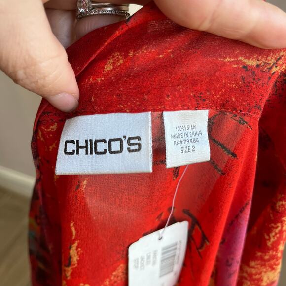 Chico’s 100% Silk Front Tie Kimono Jacket Size 2 L/12 NWT Boho Art Print - Picture 4 of 8